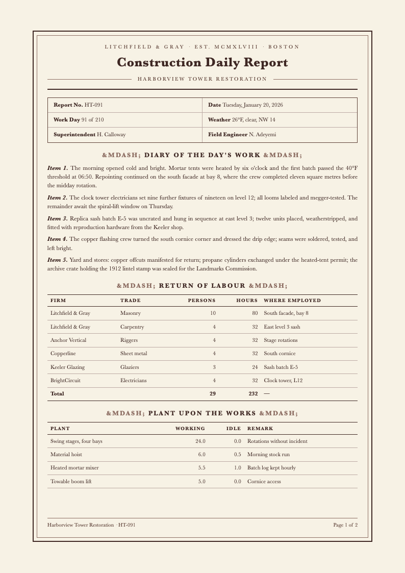 Heritage letterpress construction daily report